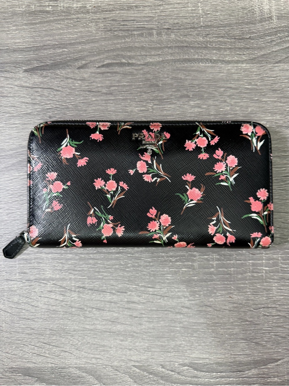 Prada Black Floral Zippy Wallet